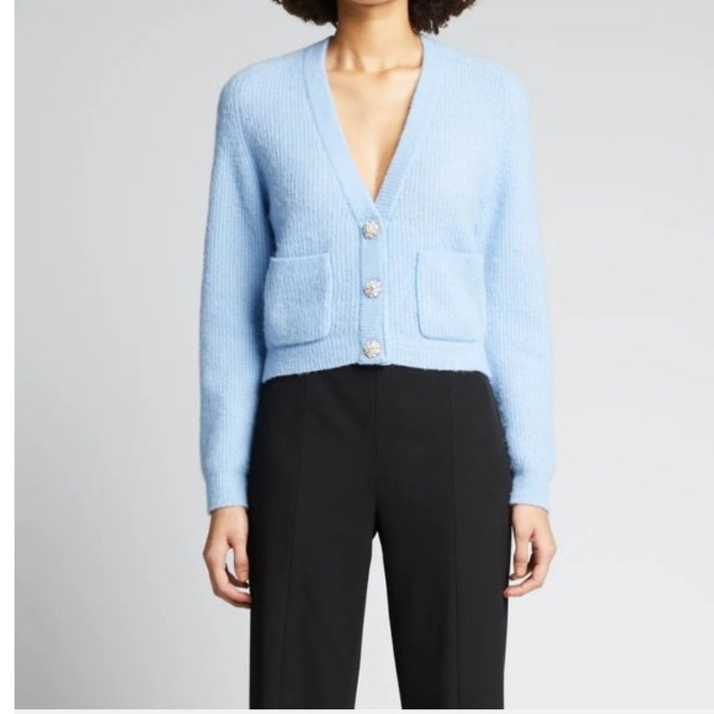 Ganni Blue Soft Wool Knit Crystal‎ Button Cardigan Sweater K1416